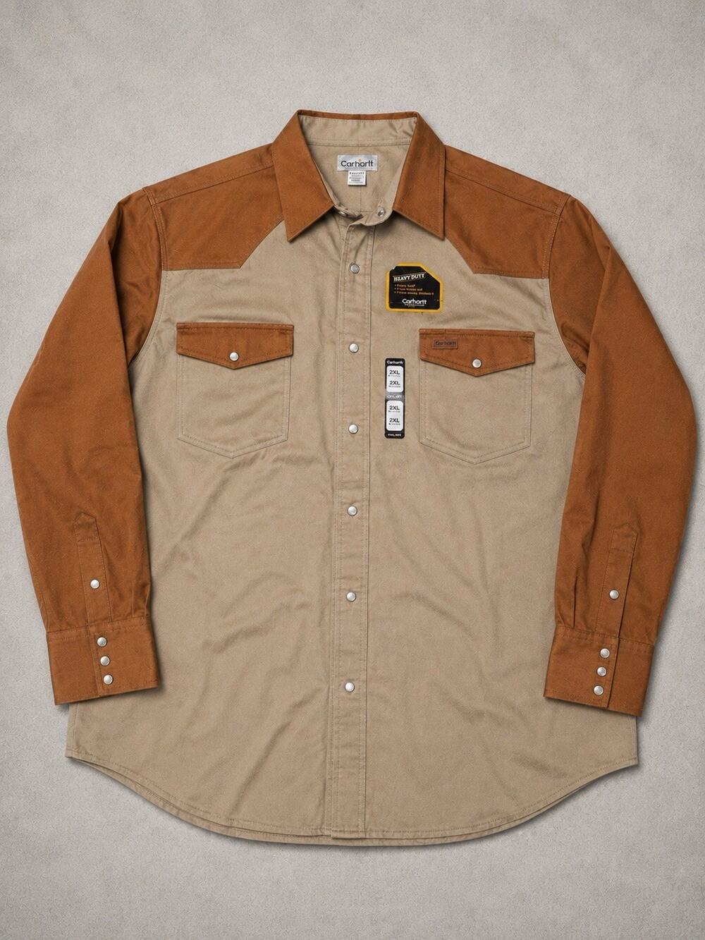 Carhartt Shirt Mens 2XLT Brown Pearl Snap Western Rugged‎ Workwear NWT Canvas